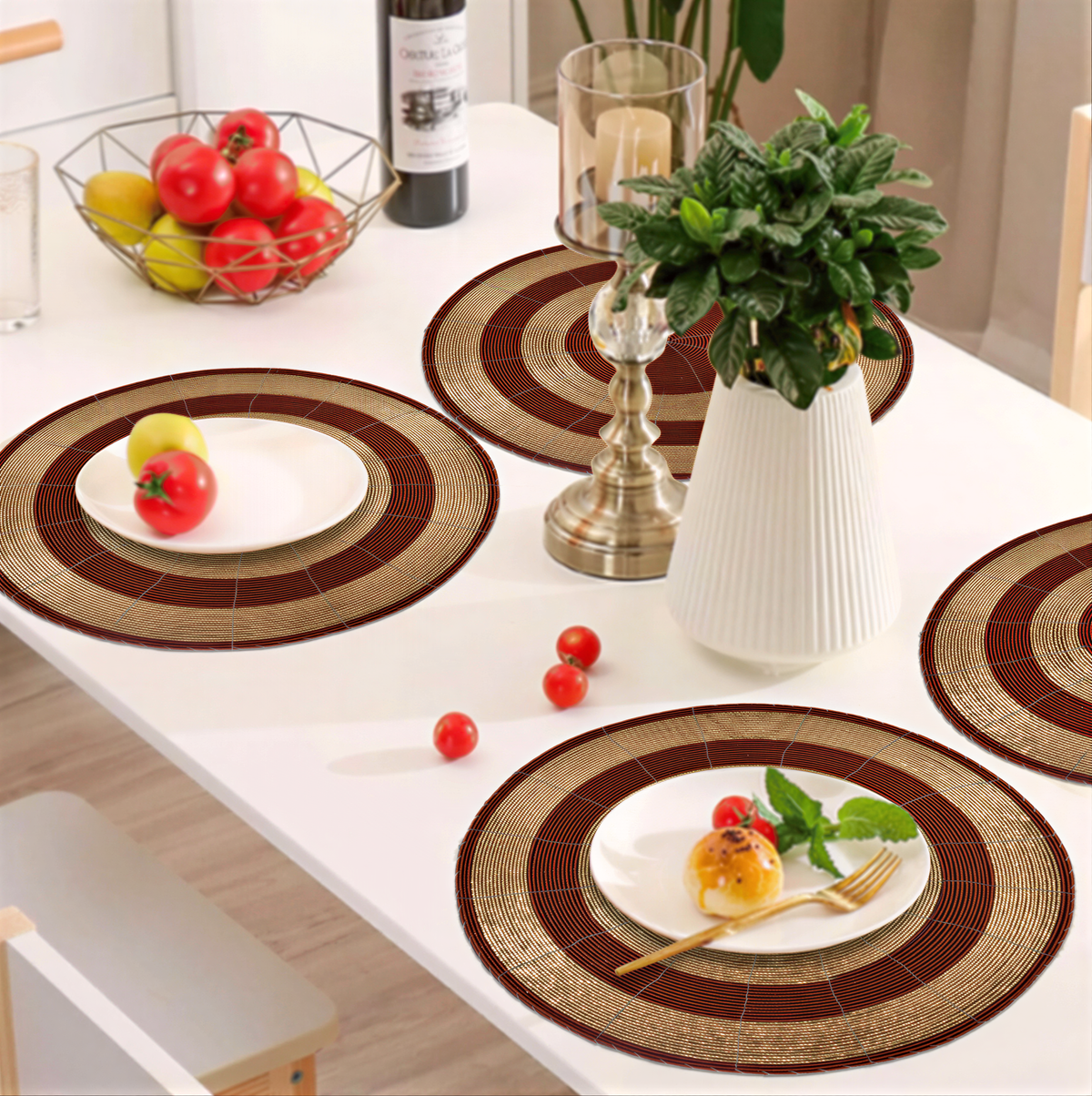 Set of four Decozen Aidden Bloom beaded placemats from The Aidden Collection, 14-inch decorative dining table accessories.