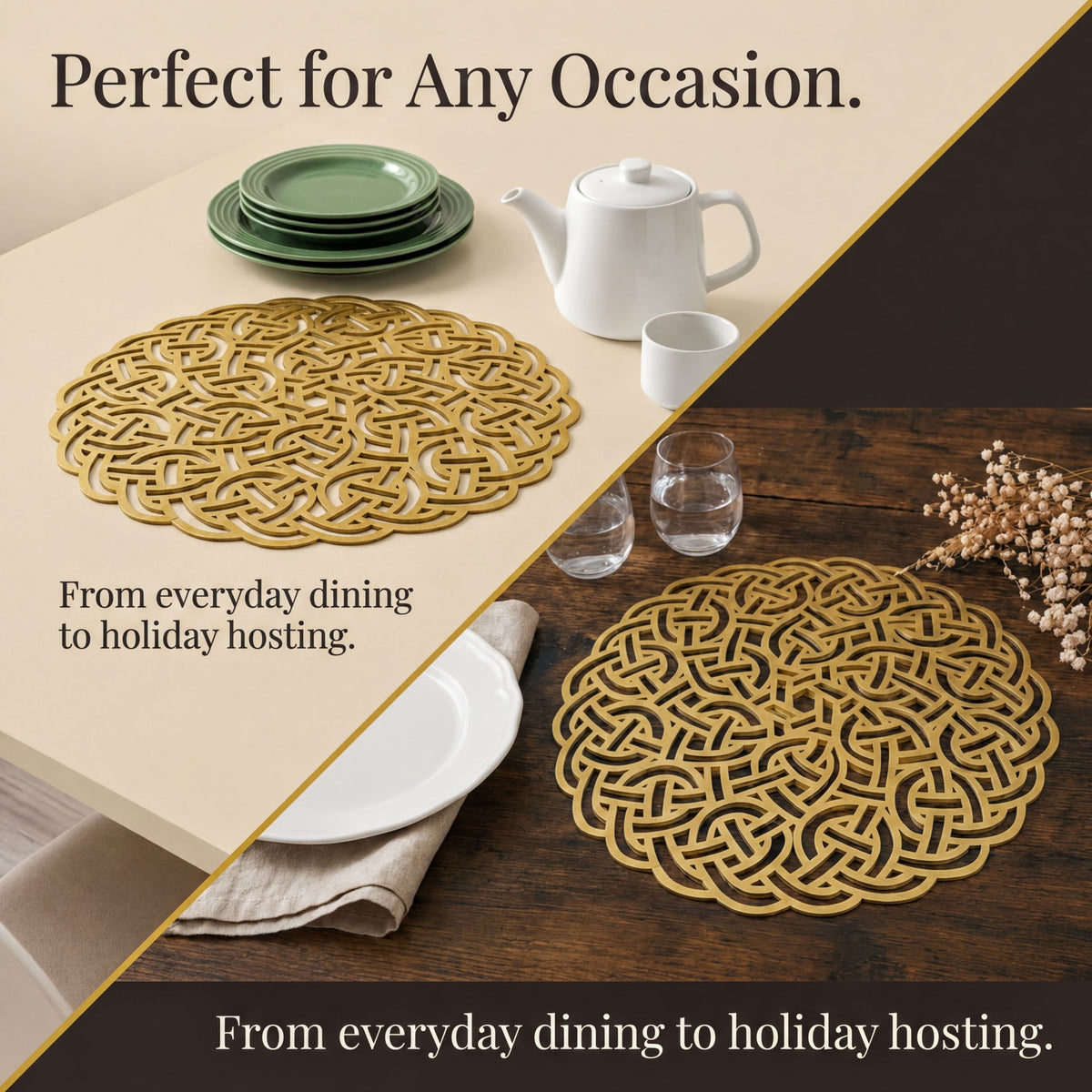 The image is a collage of two photos, each featuring a decorative placemat on a dining table. The placemat in the left photo is a gold-colored design, while the one in the right photo is a white color. The text above the images reads "Perfect for Any Occasion." Below the images, there is a caption that states "From everyday dining to holiday hosting."