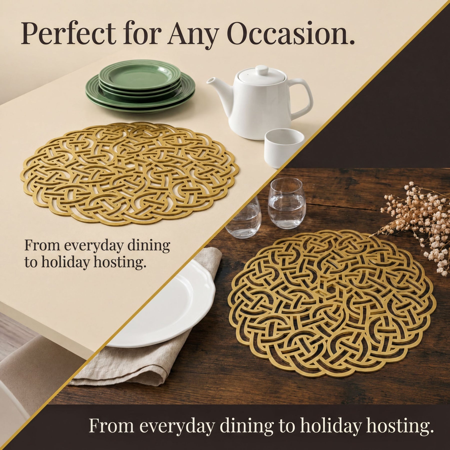 The image is a collage of two photos, each featuring a decorative placemat on a dining table. The placemat in the left photo is a gold-colored design, while the one in the right photo is a white color. The text above the images reads "Perfect for Any Occasion." Below the images, there is a caption that states "From everyday dining to holiday hosting."