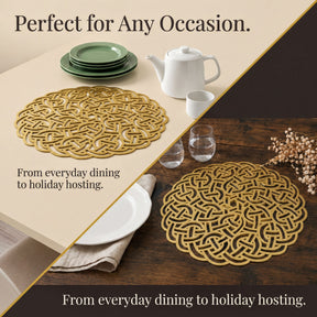 The image is a collage of two photos, each featuring a decorative placemat on a dining table. The placemat in the left photo is a gold-colored design, while the one in the right photo is a white color. The text above the images reads "Perfect for Any Occasion." Below the images, there is a caption that states "From everyday dining to holiday hosting."