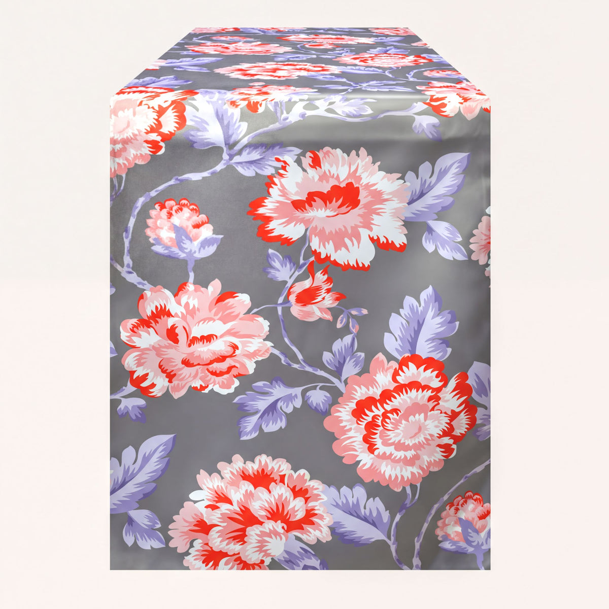 Printed table runner by RN-3 featuring a gray and red design, perfect for enhancing dining table decor.