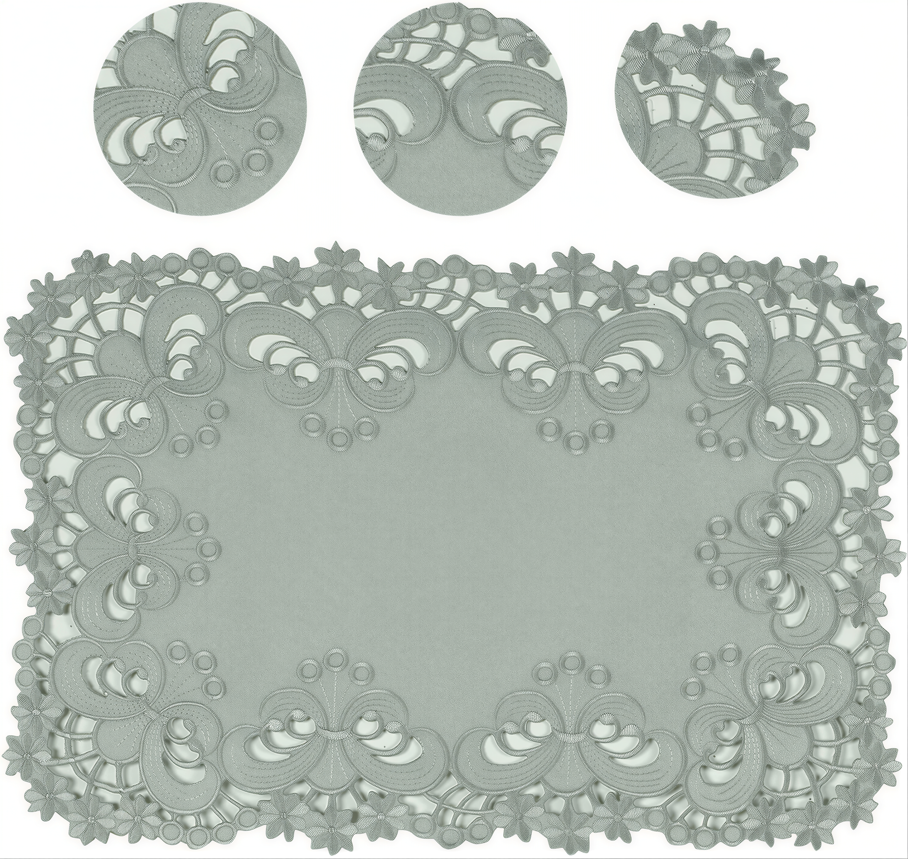 Set of six linen placemats with European embroidery from the Creola Collection, featuring intricate floral designs and elegant craftsmanship.