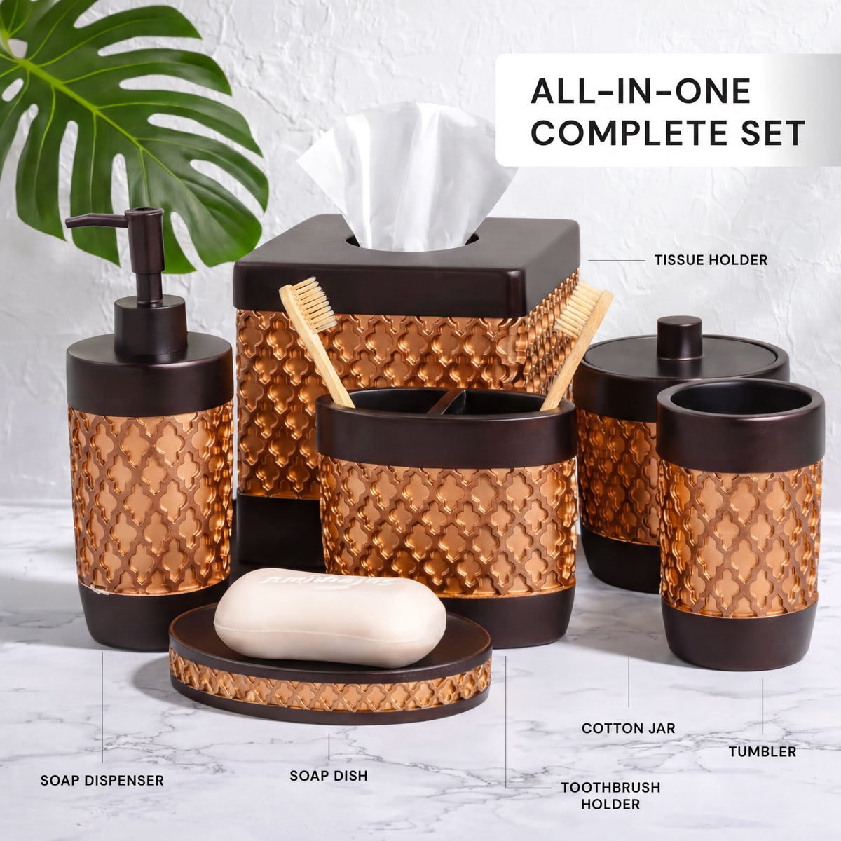 Set of six elegant modern bathroom décor accessories from The Wally Collection, featuring sleek design and stylish details.