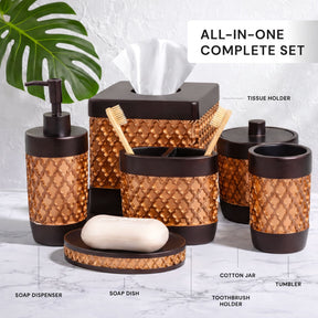 Set of six elegant modern bathroom décor accessories from The Wally Collection, featuring sleek design and stylish details.