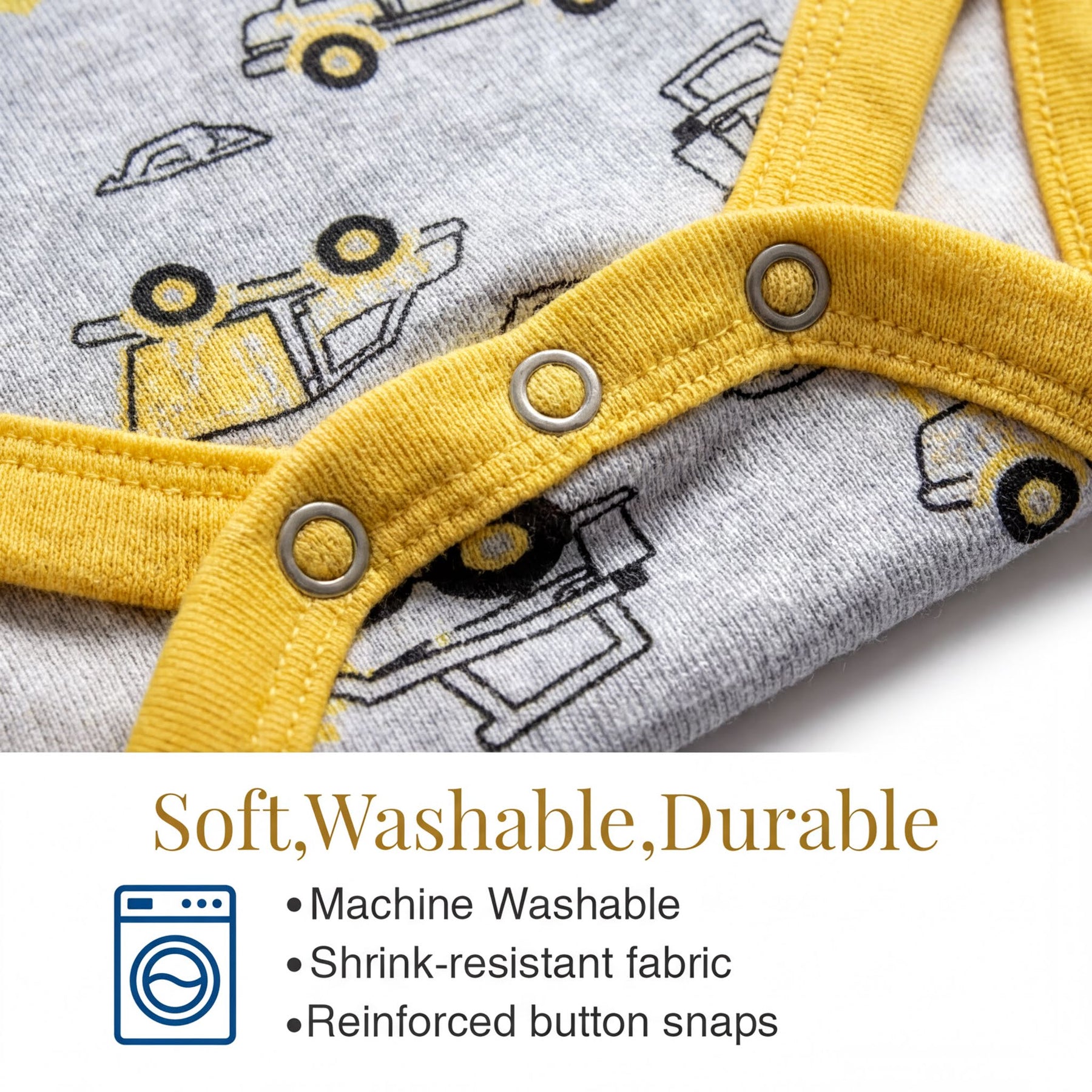a close-up view of a baby onesie with a yellow and gray pattern featuring construction vehicles. The onesie has a yellow zipper and buttons, and it appears to be machine washable, stretch-resistant, and reinforced with button snaps.