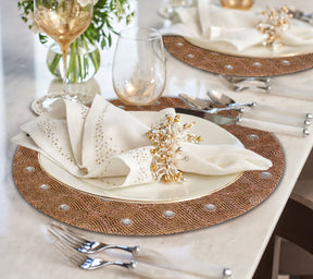 Set of two Clement Meadow beaded placemats from The Clement Collection, embroidered decorative 14-inch table décor.