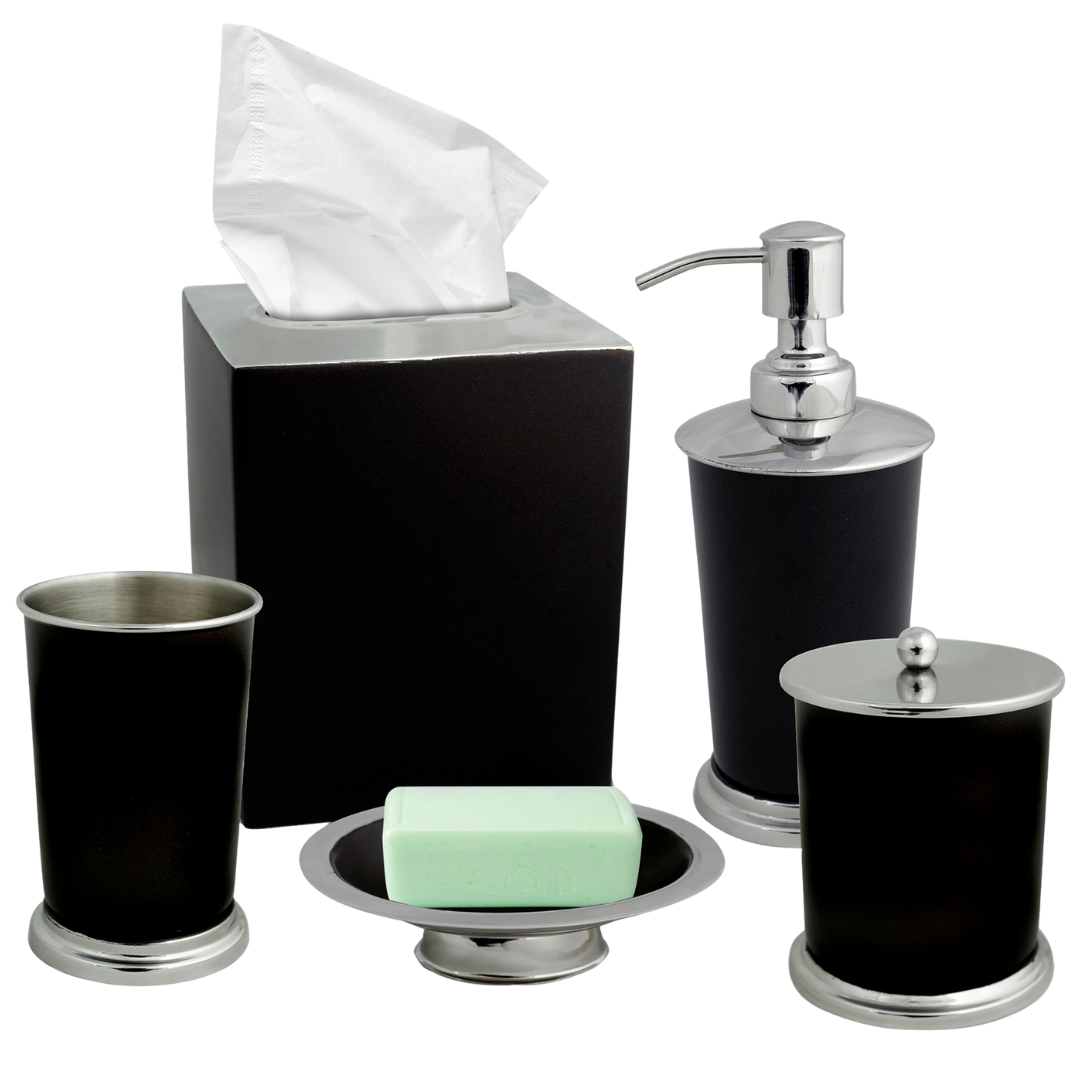 Modern bathroom décor accessories set of 5 from The Maebrie Collection, featuring elegant and contemporary bath accessories.