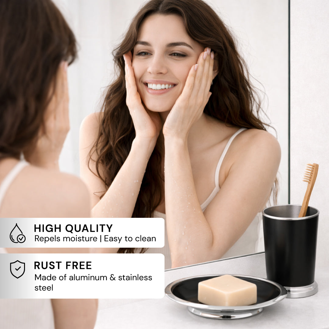 Modern bathroom décor accessories set of 5 from The Maebrie Collection by 9184, featuring sleek and stylish bathroom decor items.