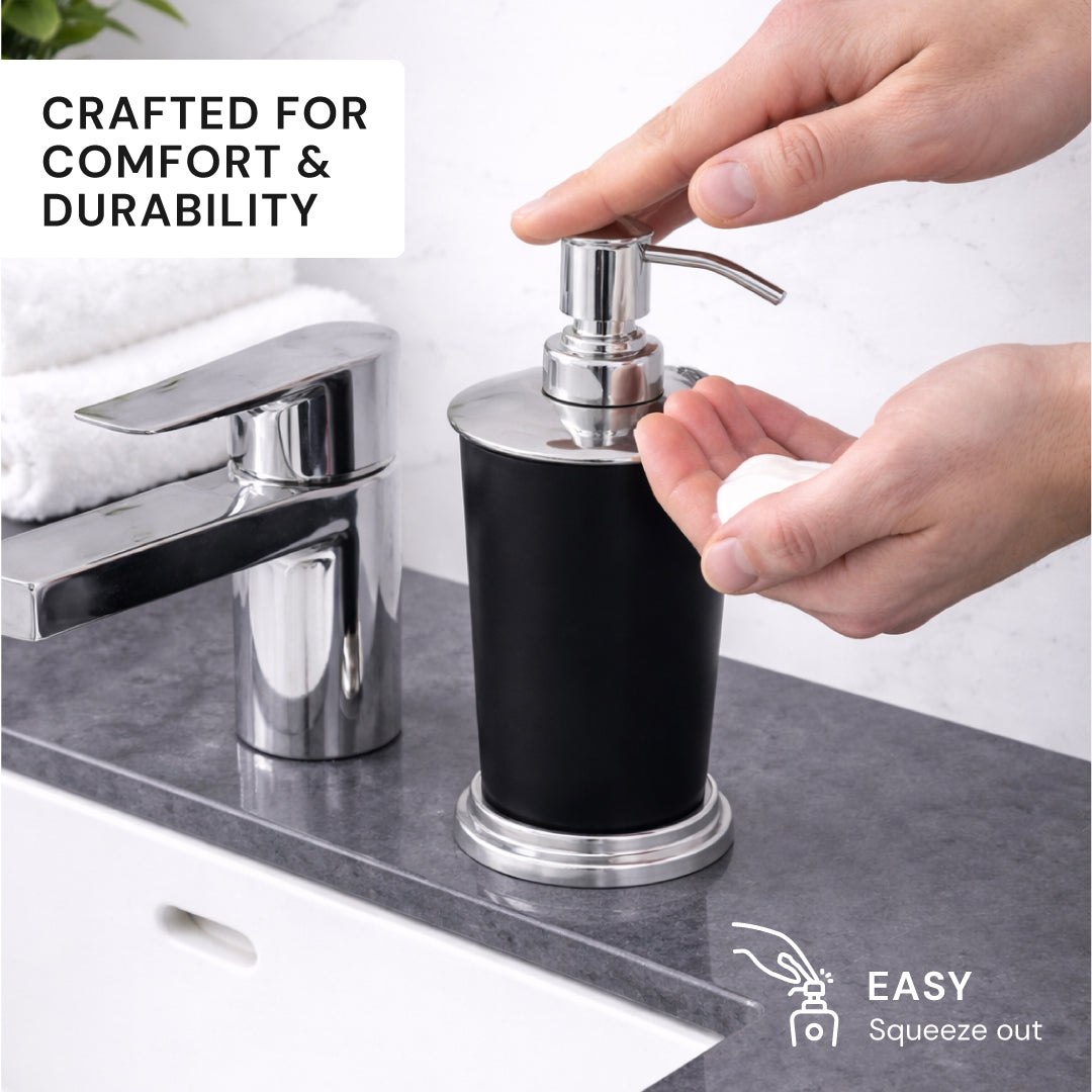 Set of five modern bathroom décor accessories from the Maebrie Collection by 9184, including soap dispenser, toothbrush holder, and more.