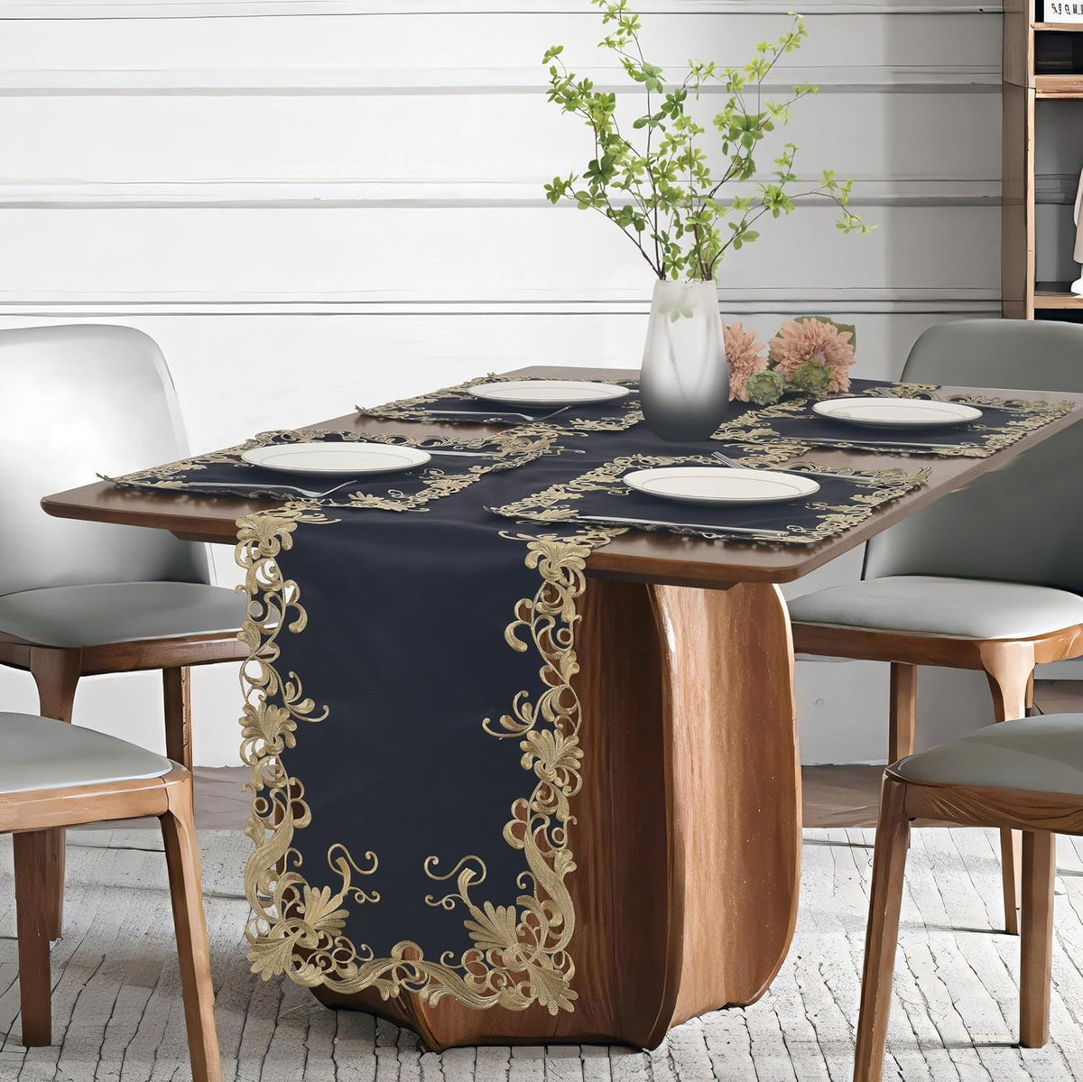 Decozen Gold Lace Blue Table Runner - European Embroidery Dresser Decor Scarf for Home, Kitchen, Dining, and Wedding - 14 x 108 Inches - Valentines Day Decor - The Vintage Opulence Collection