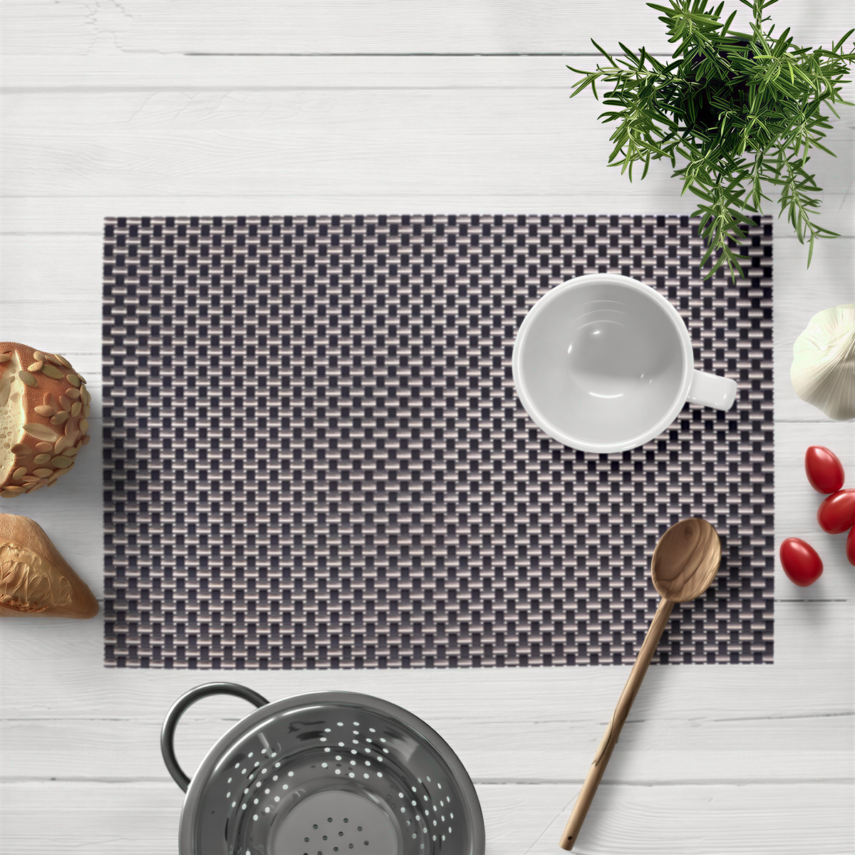 Black and gold PVC placemats with a decorative design, heat-resistant, washable, and suitable for indoor and outdoor dining.