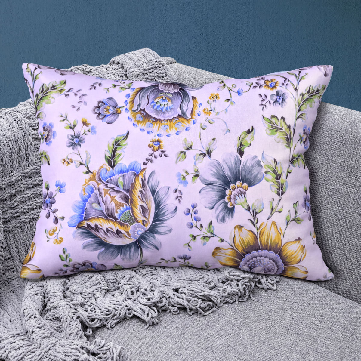 Floral printed throw pillow cover, 14x20 inches, decorative fabric cover with colorful floral design for living room or bedroom.