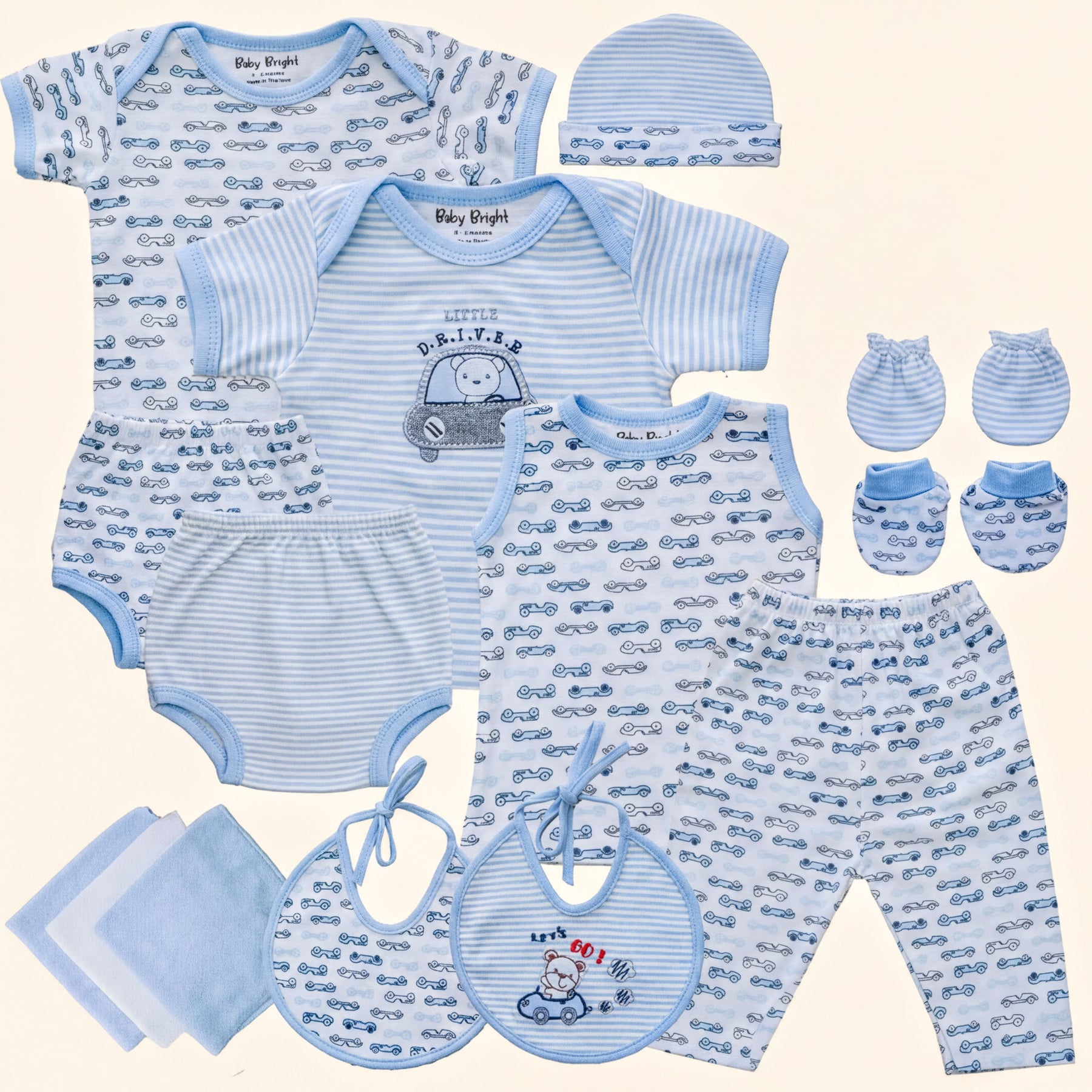 A collection of baby clothing and accessories, including onesies, bibs, hats, and booties, all in a light blue color with a pattern of cars.
