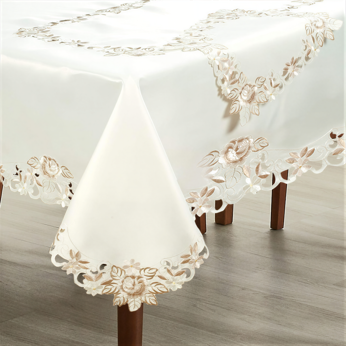 Elegant table cover with European embroidery from The Dayse Collection, featuring intricate designs on a high-quality fabric.