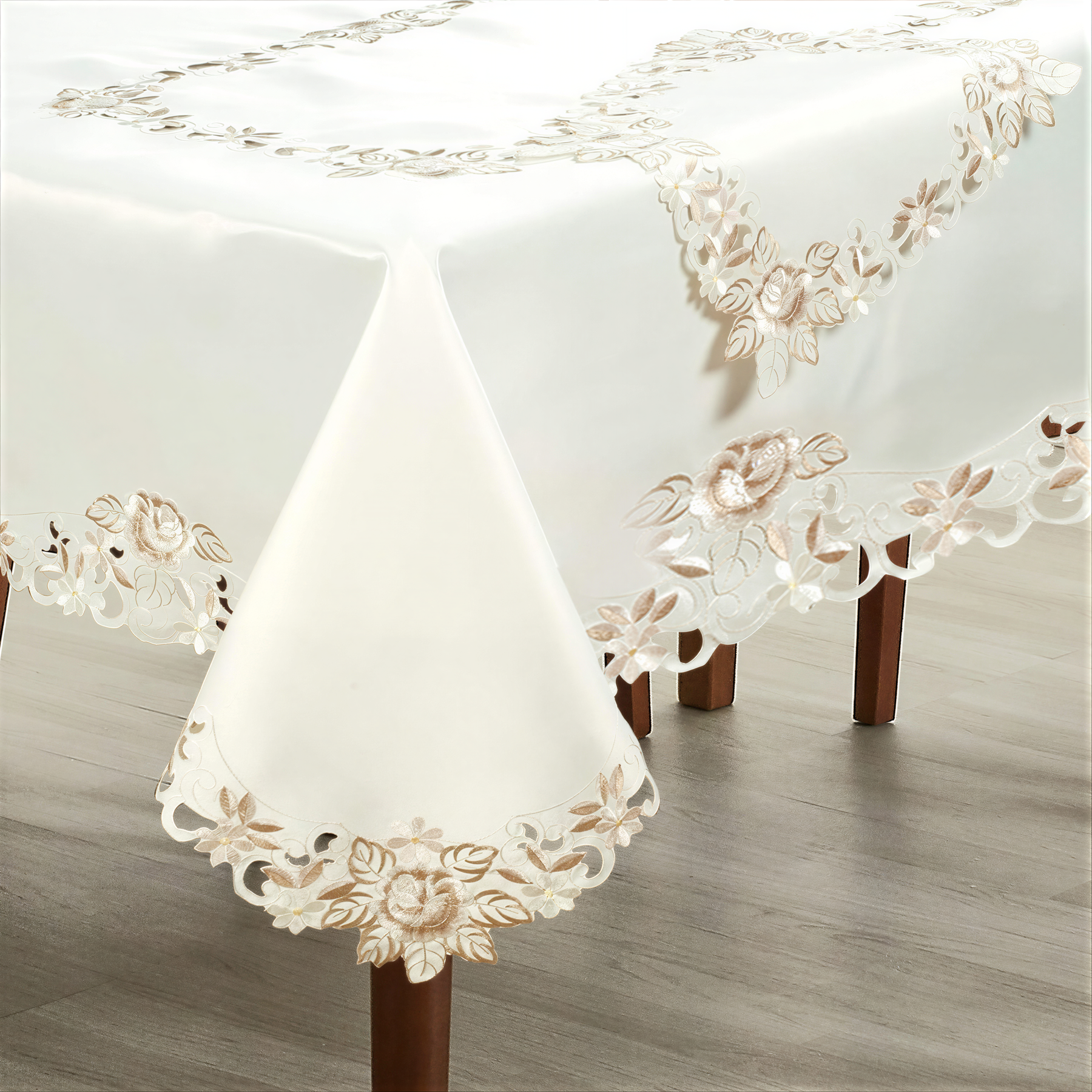 Elegant table cover with European embroidery from The Dayse Collection, featuring intricate designs on a high-quality fabric.