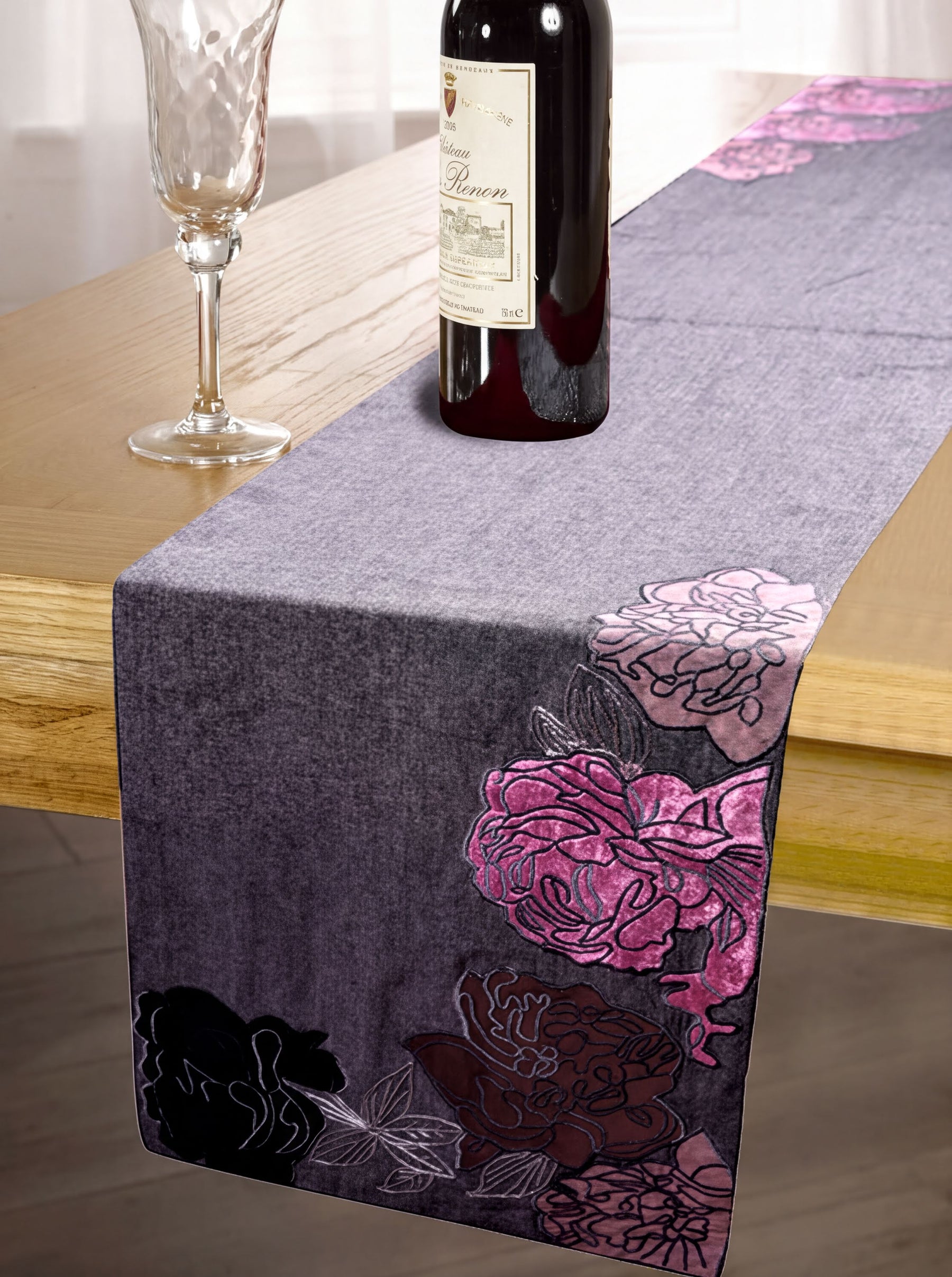 Embroidered decorative table runner with intricate floral patterns, ideal for enhancing dining table decor.
