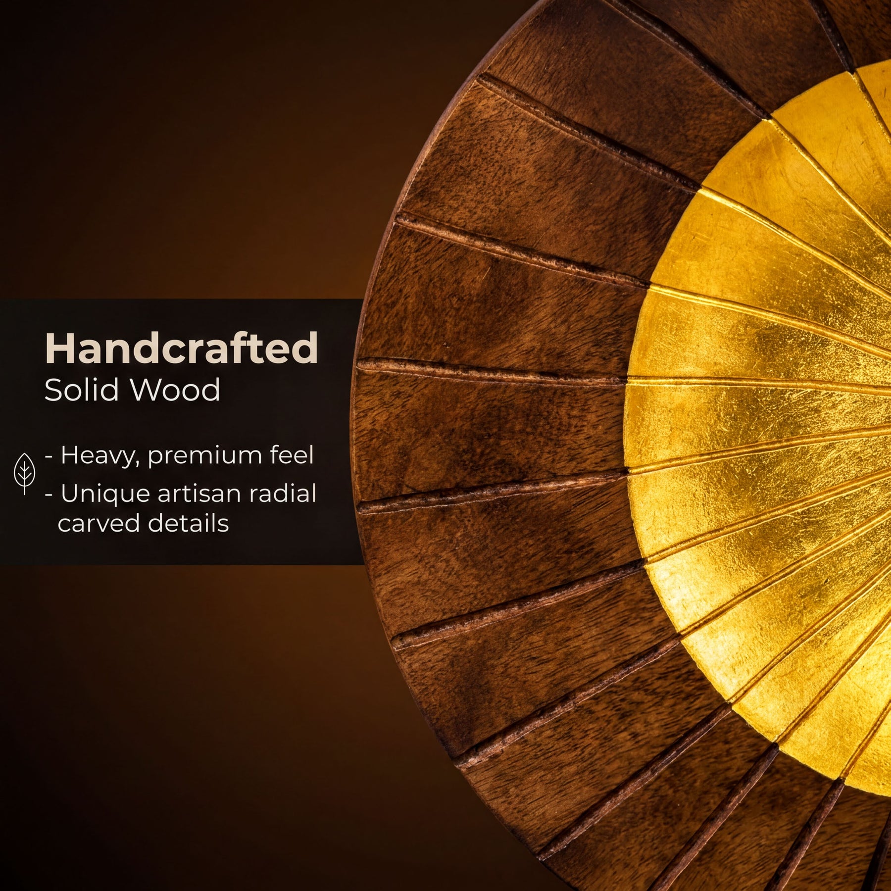The image is a close-up of a wooden object with a gold-colored circular element, showcasing the craftsmanship and the unique carved details.
