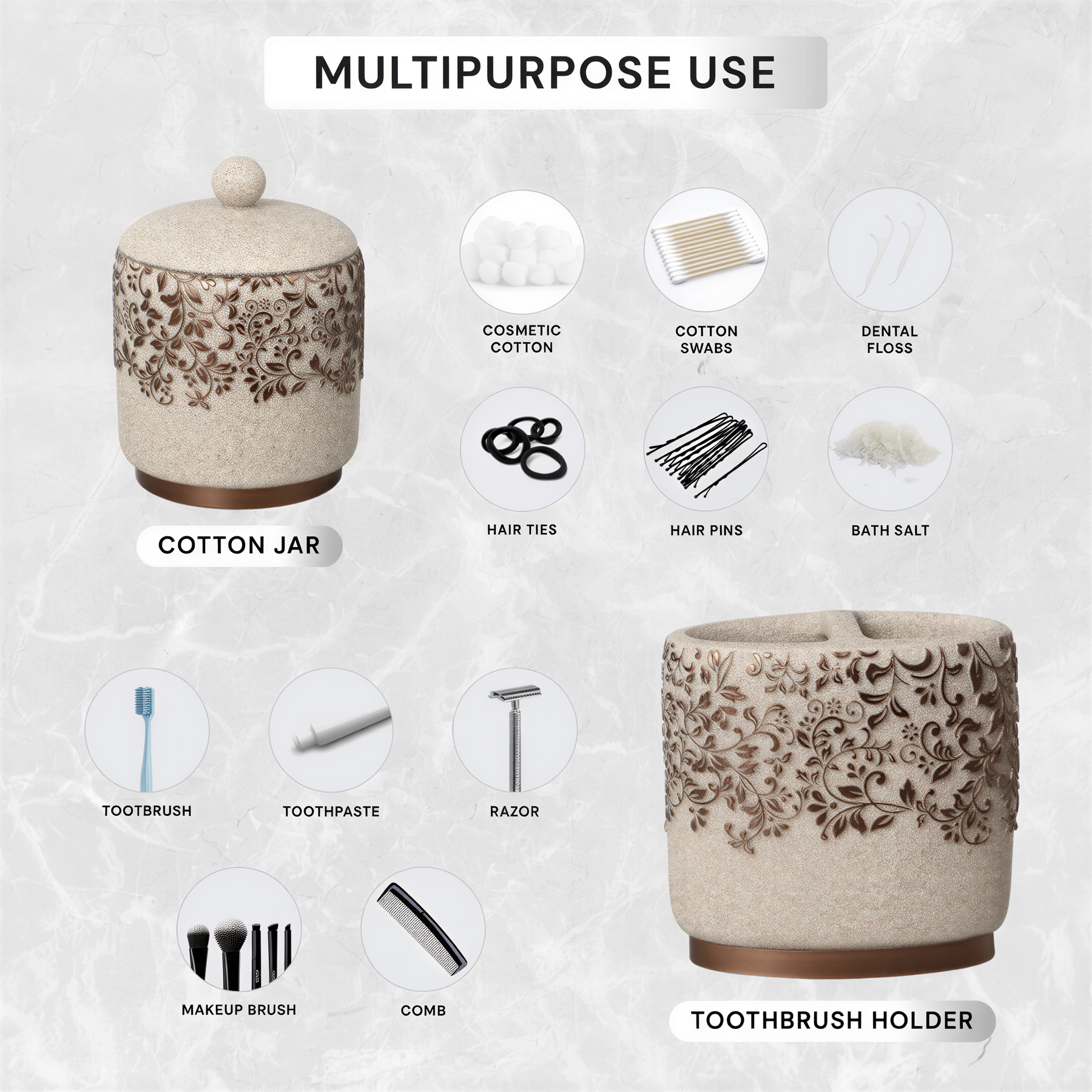 Set of six beige modern bathroom décor accessories from the Stella Collection by AH8312B, including soap dispenser, toothbrush holder, and more.