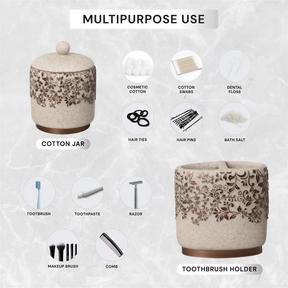 Set of six beige modern bathroom décor accessories from the Stella Collection by AH8312B, including soap dispenser, toothbrush holder, and more.