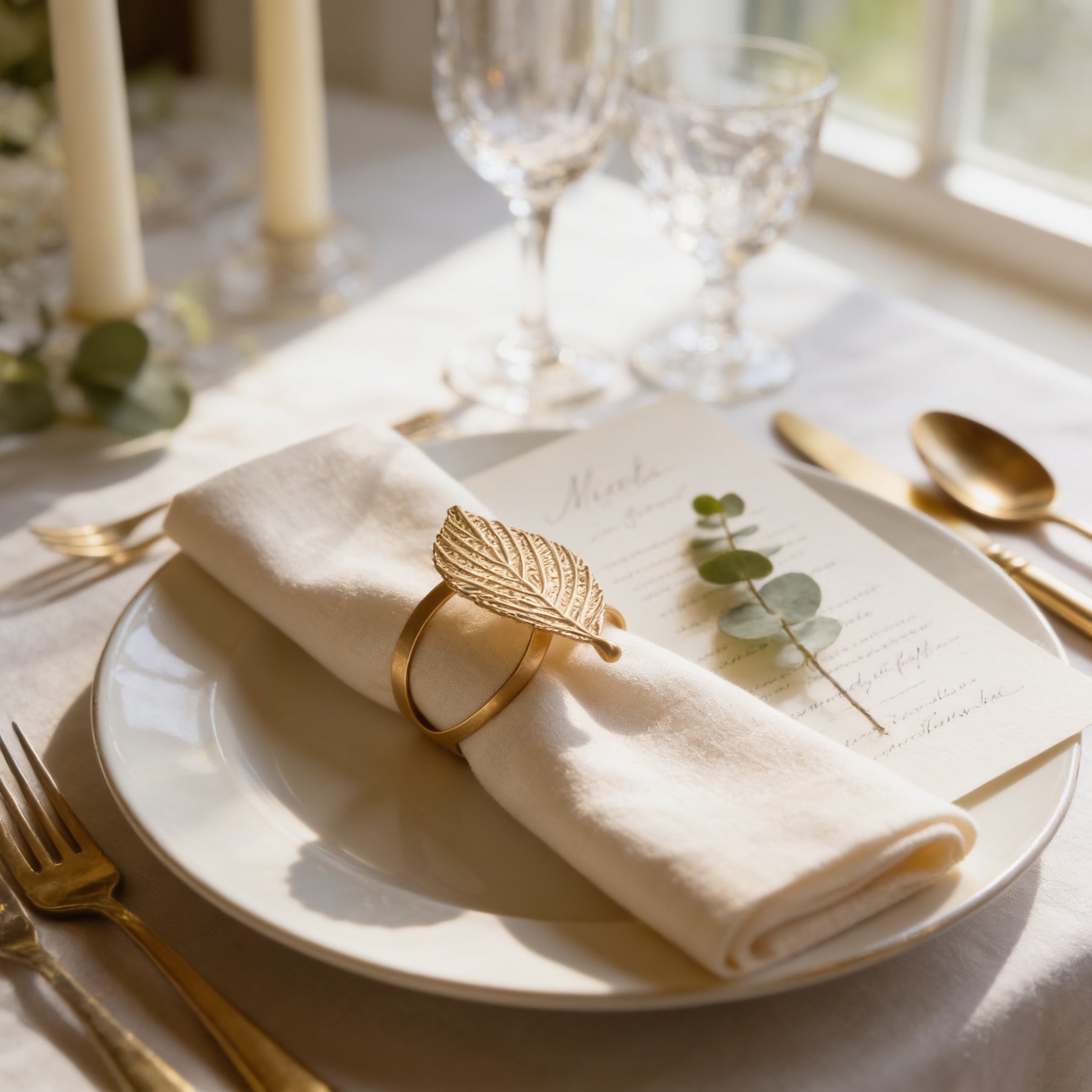 a beautifully set table with a white plate, a napkin ring with a leaf design, and a menu. The table is set for a formal dining experience, with elegant glassware and utensils.