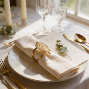 a beautifully set table with a white plate, a napkin ring with a leaf design, and a menu. The table is set for a formal dining experience, with elegant glassware and utensils.