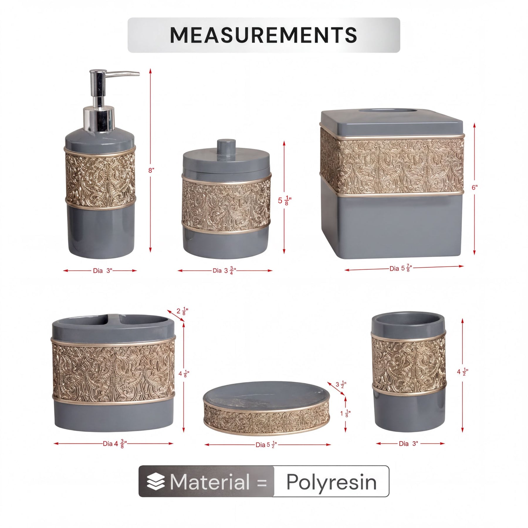 Set of six modern bathroom décor accessories from the Fionola Collection by AH8315, including soap dispensers and holders.