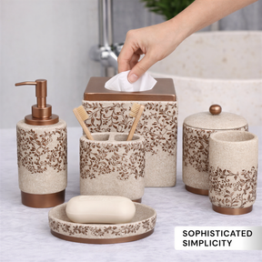 Set of six beige modern bathroom decor accessories from the Stella Collection by AH8312B, including soap dispensers and holders.