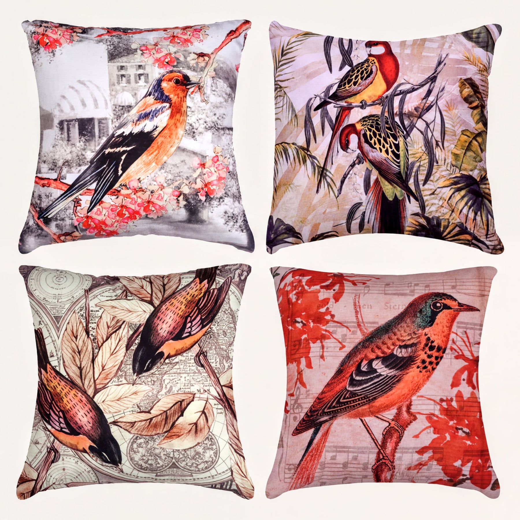 Set of four LD20180010170-4 birds printed design throw pillow covers featuring colorful bird illustrations on fabric.