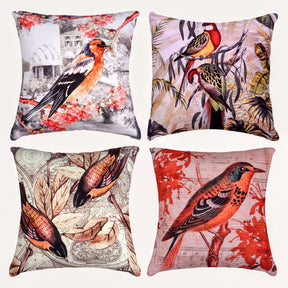 Set of four LD20180010170-4 birds printed design throw pillow covers featuring colorful bird illustrations on fabric.