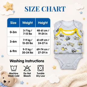The image is a size chart for baby clothes, with a baby onesie on display and instructions for washing the clothes.