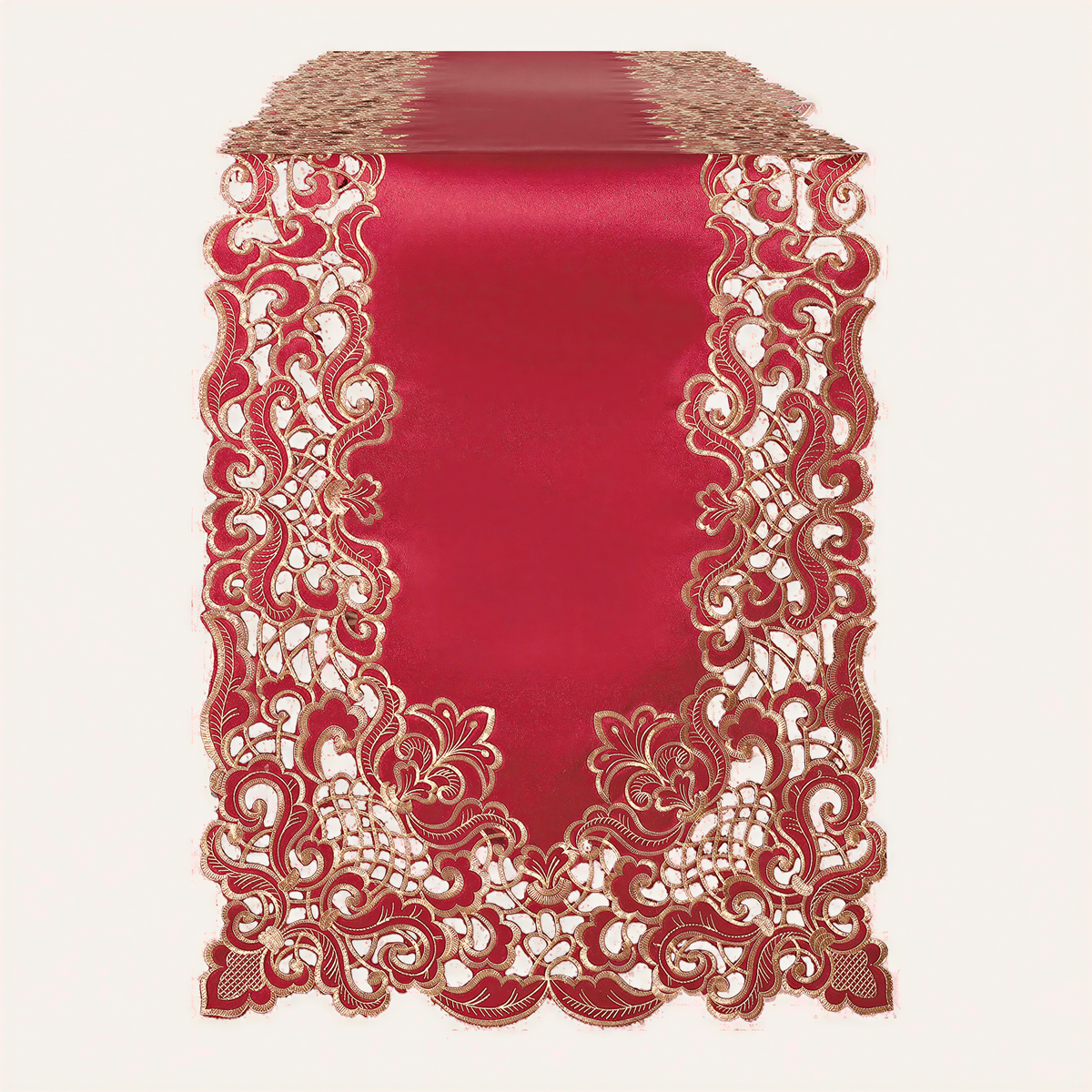 Burgundy gold table runner from RIZ-005-RN Crimson Glow Granada Collection, elegant home accent, 14x108 inches.