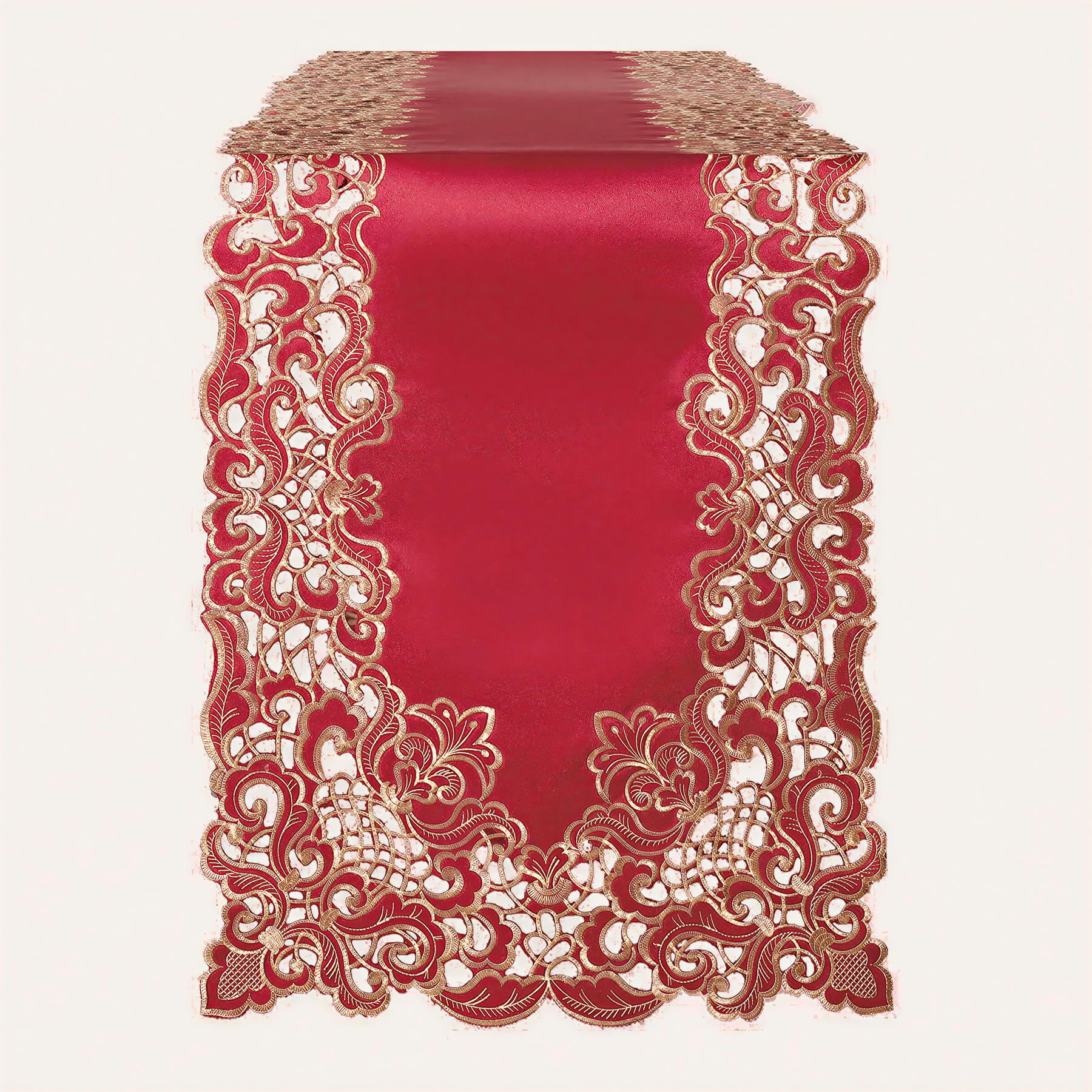 Burgundy gold table runner from RIZ-005-RN Crimson Glow Granada Collection, elegant home accent, 14x108 inches.