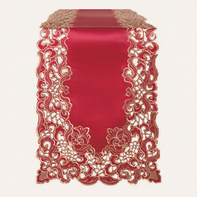 Burgundy gold table runner from RIZ-005-RN Crimson Glow Granada Collection, elegant home accent, 14x108 inches.