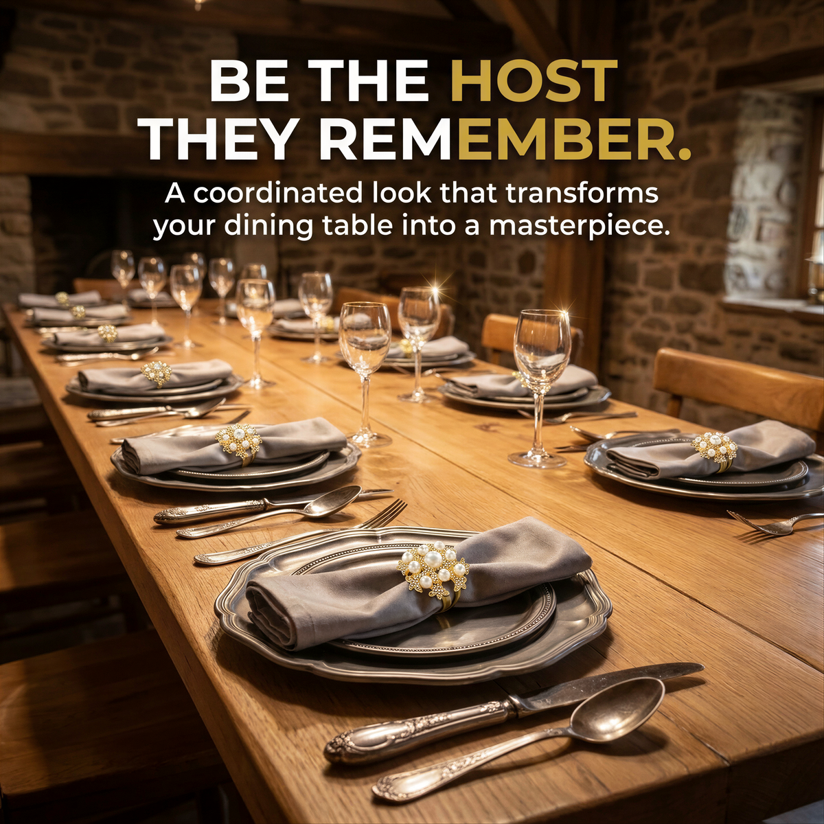 a beautifully set dining table with place settings, including plates, silverware, and napkins, arranged in a coordinated manner.