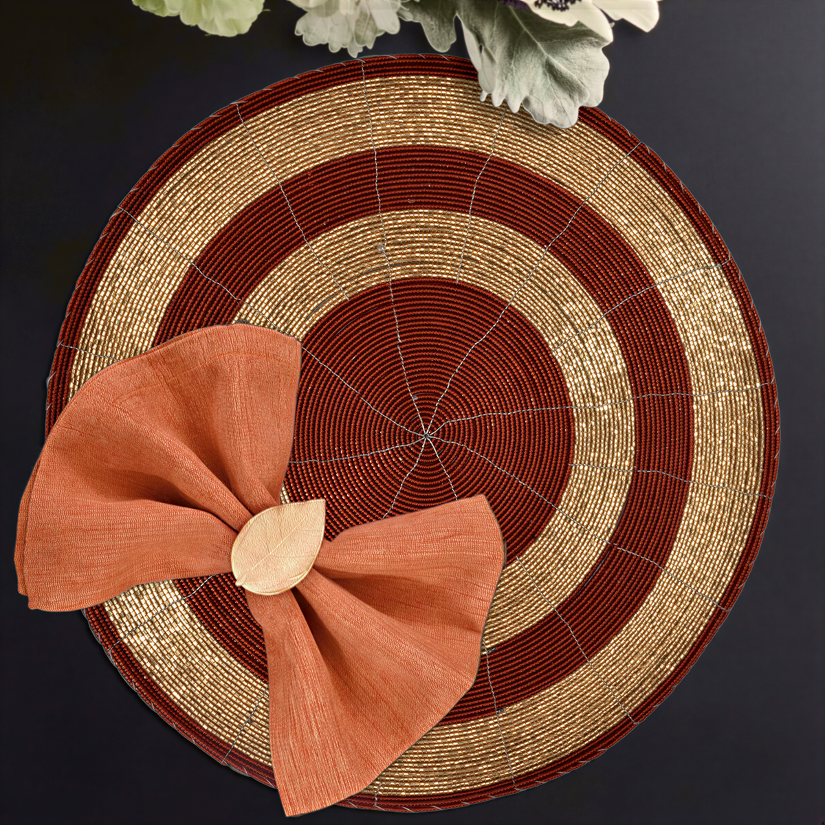 Set of four Decozen Aidden Bloom beaded placemats featuring intricate beadwork, 14-inch artistic decorative dining table décor.