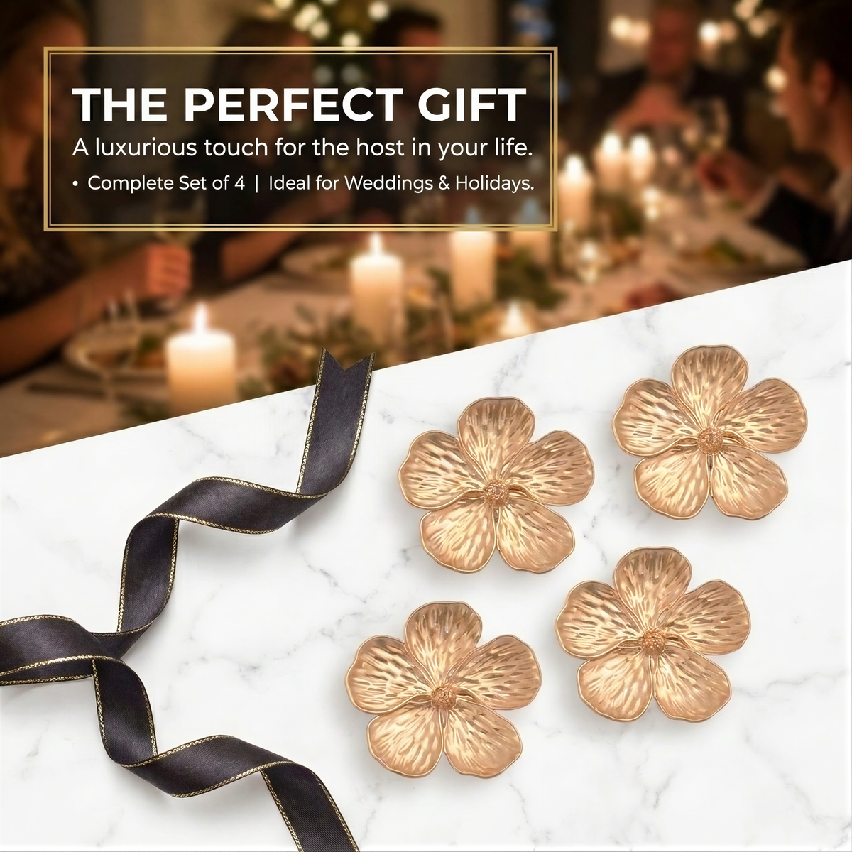The image is a promotional image for a set of four gold-colored flower coasters, with a blurred background of people enjoying a meal together.