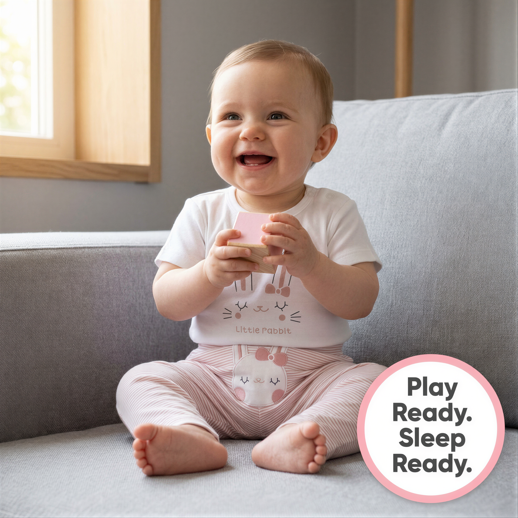 A smiling baby girl sitting on a couch, holding a pink toy, with a sign that says "Play Ready, Sleep Ready" in the background.