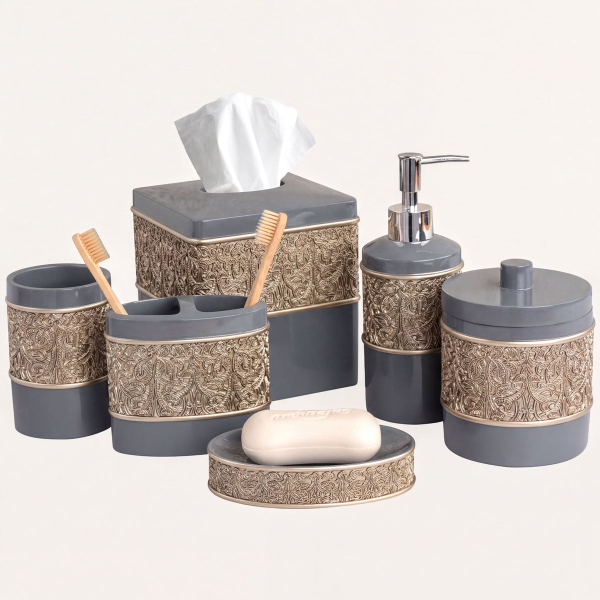 Set of 6 modern bathroom decor accessories from the Fionola Collection, stylish AH8315 bath set with elegant design.