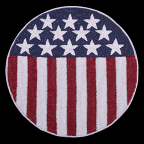 Set of 2 USA patriotic flag embroidered round beaded placemats with American flag design for table decor.