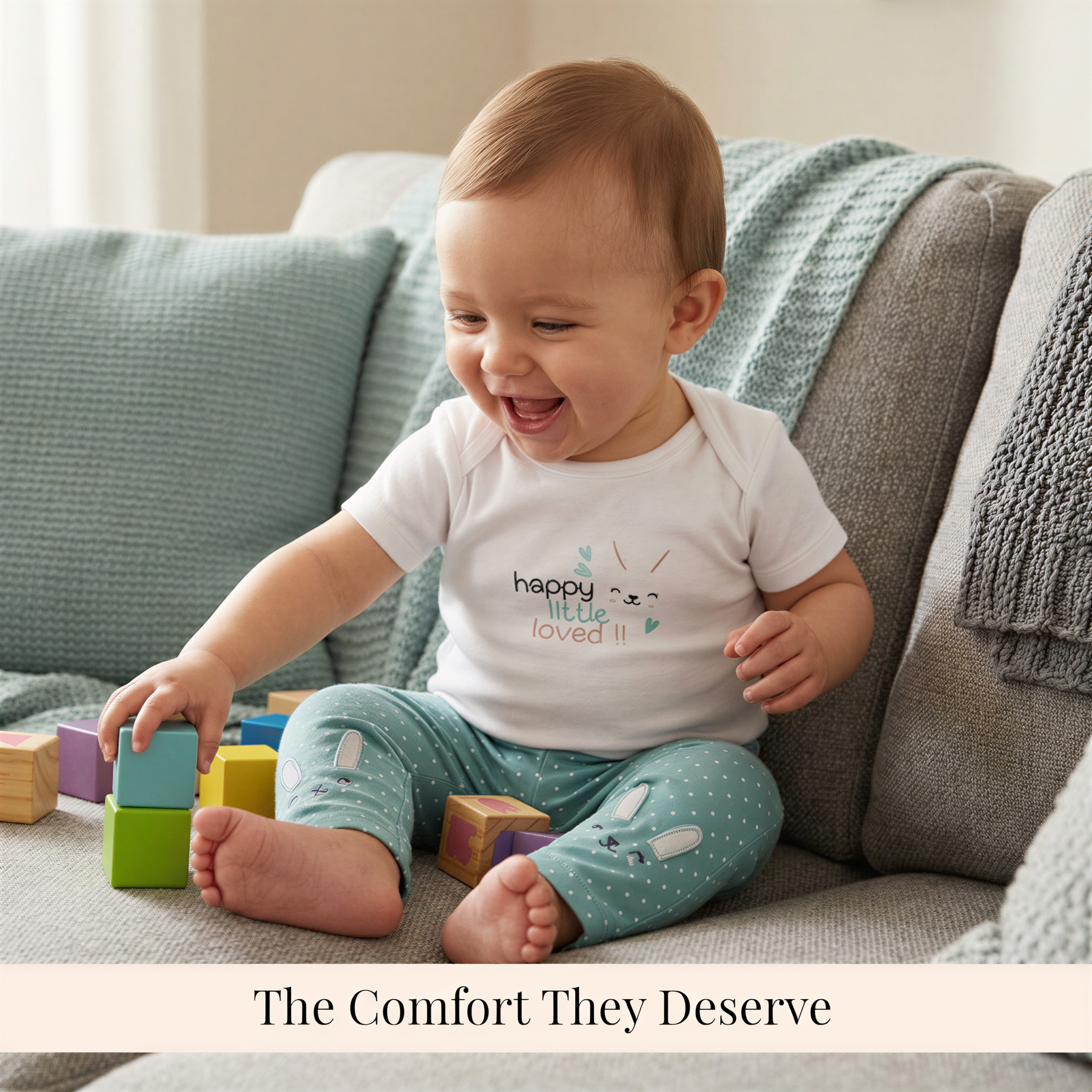 A smiling baby girl sitting on a couch, playing with colorful blocks.