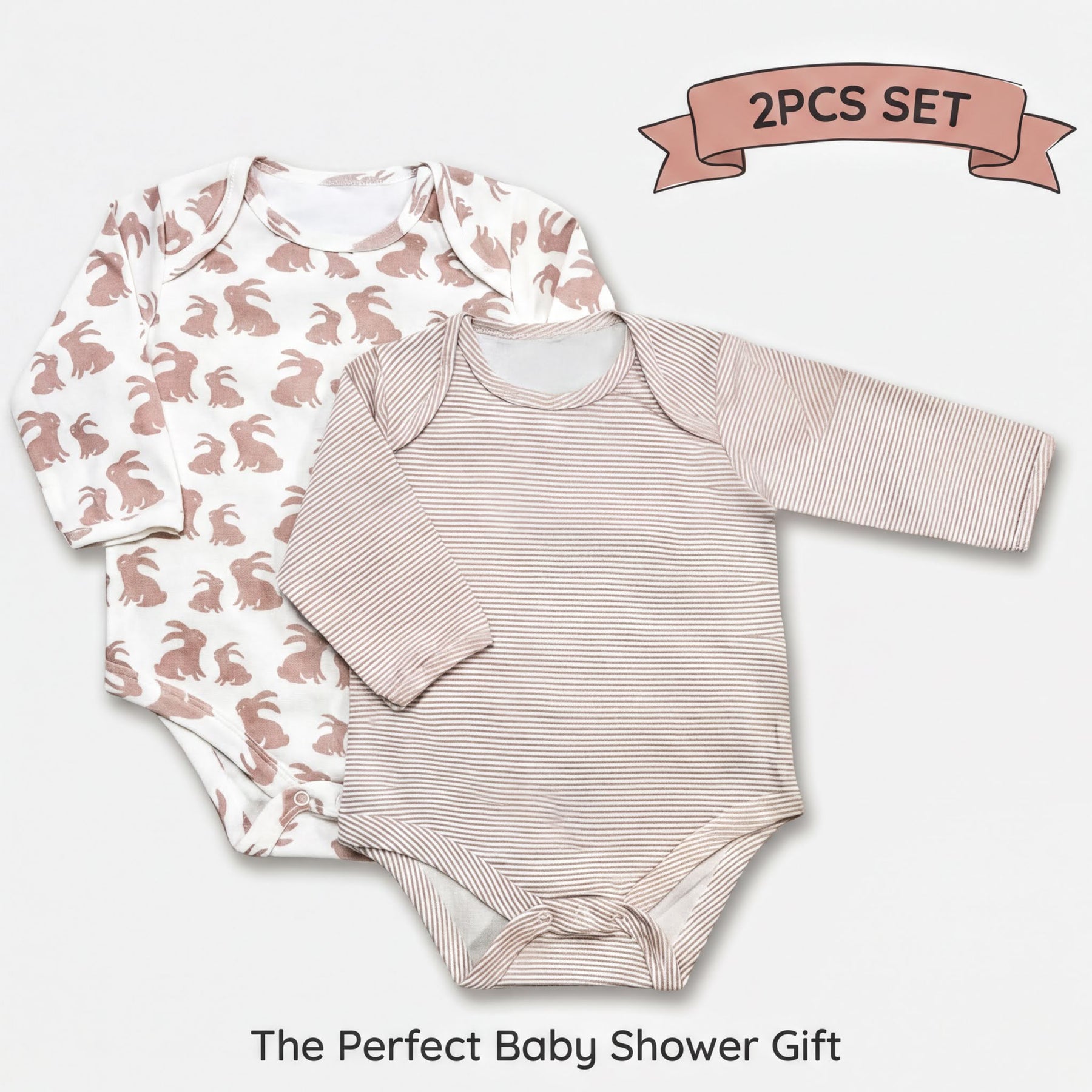 two baby onesies with a bunny pattern, arranged side by side. The onesies have long sleeves and a striped pattern. The image also includes a banner that reads "2PCS SET" and "The Perfect Baby Shower Gift".