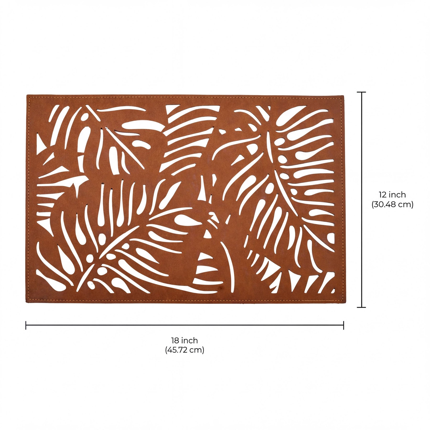 Set of six Monstera leaf cut out leather placemats by ACM1247-BRN, showcasing tropical leaf designs on brown leather surfaces.