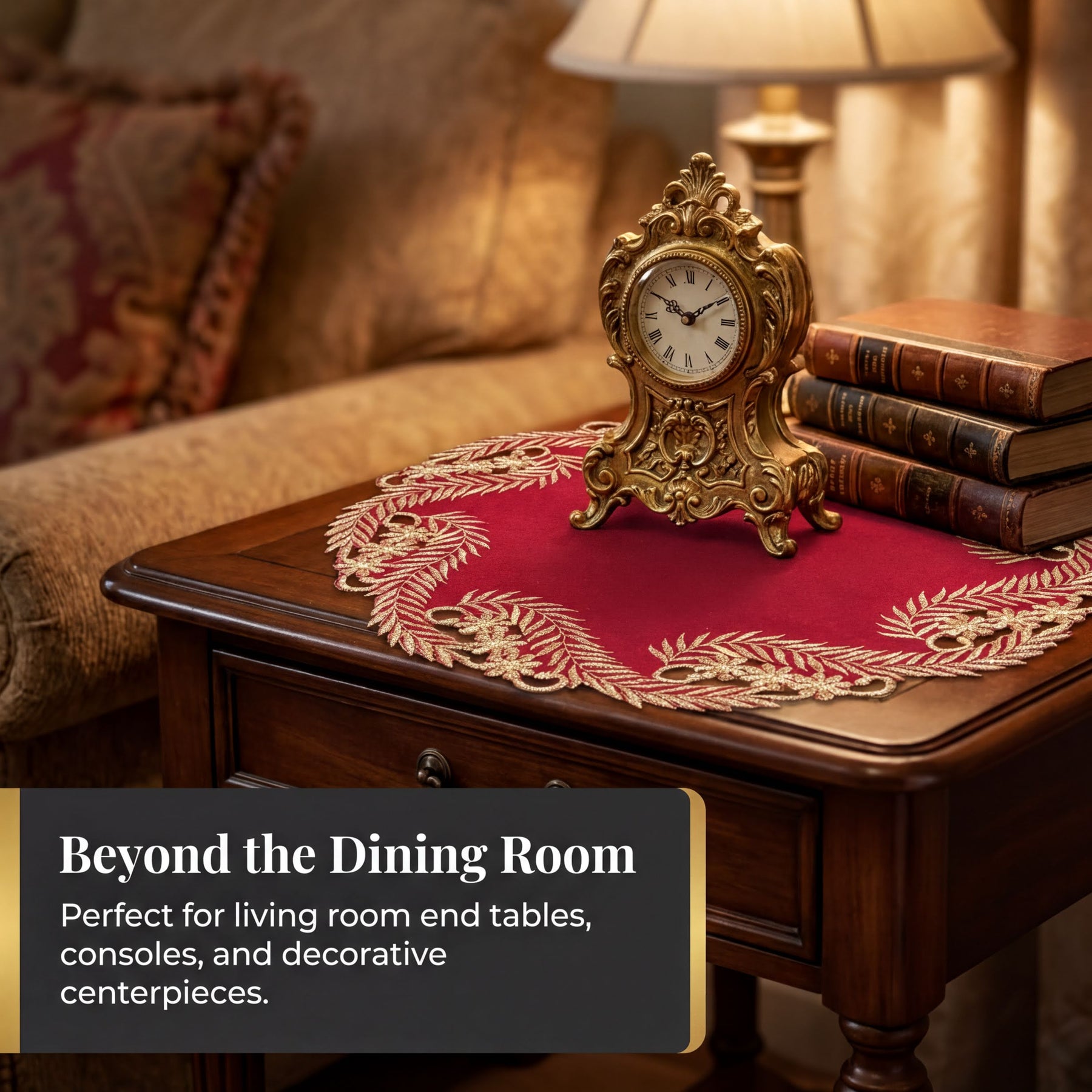 Set of Burgundy gold modern doilies from Wine Grace Anyce Collection, 15-inch RIZ-011-DL table décor for elegant dining.