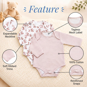 two baby onesies with different designs, including a tagless neckline, a ribbed trim, and a soft, striped bodice. The onesies are made of 100% cotton and have a stretchy, expandable neckline.