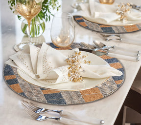 Set of two Luna Crest embroidered beaded placemats, 14-inch luxurious decorative table accents for elegant dining.