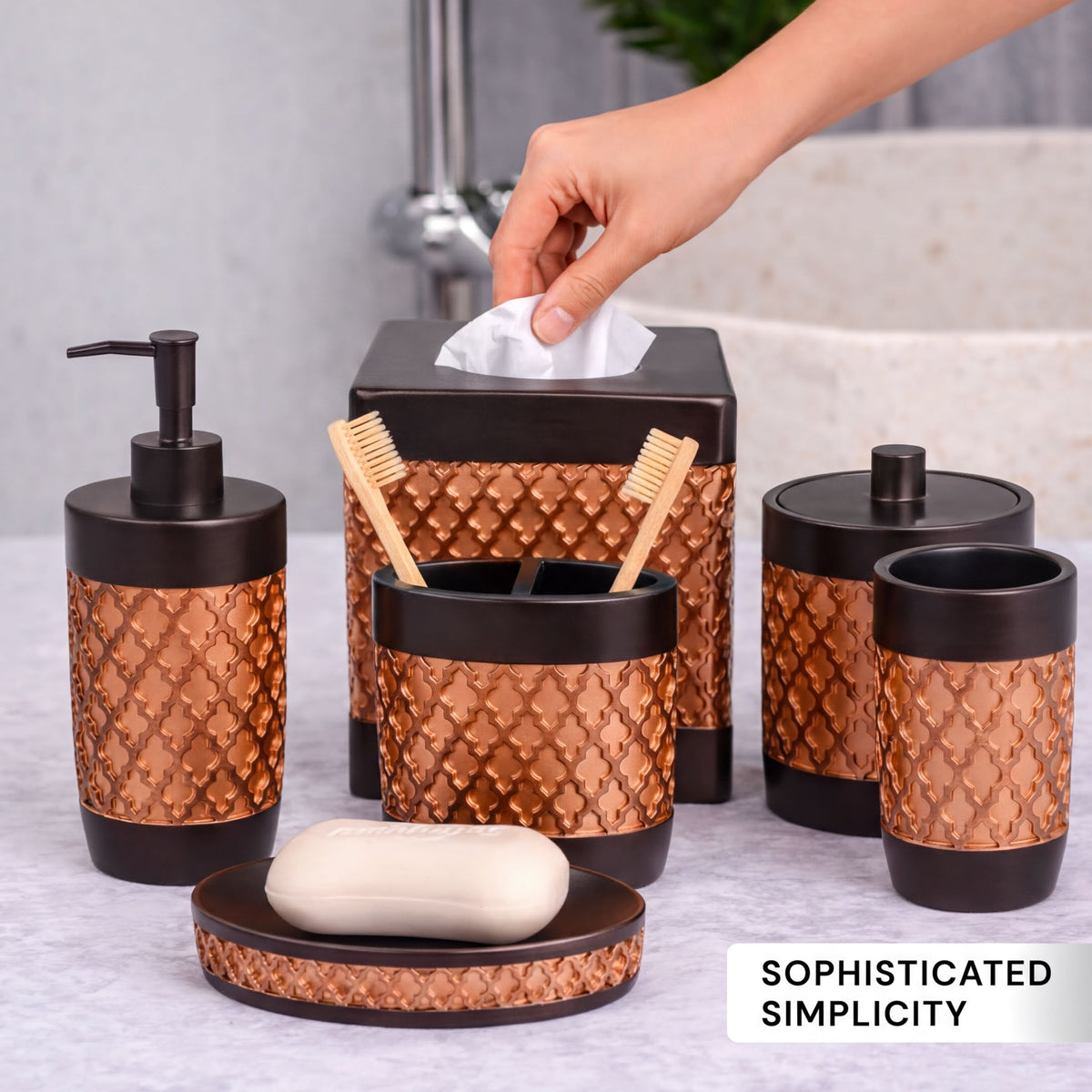 Elegant modern bathroom décor accessories set of 6 from The Wally Collection, featuring stylish bath accessories in a sleek design.