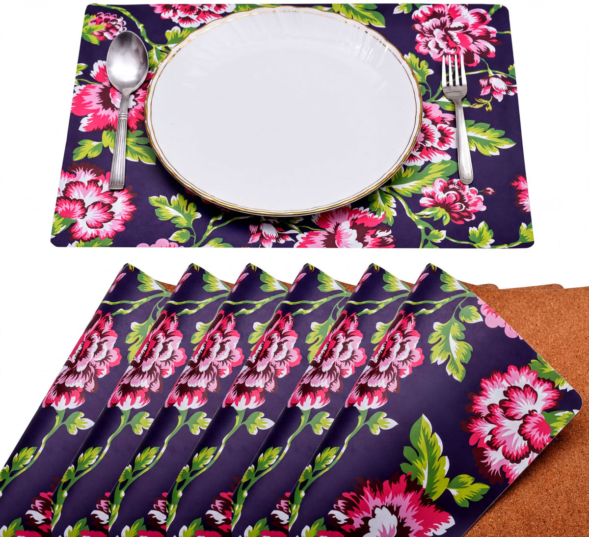 Set of four floral design cork-backed placemats by ATKP-1CK, showing colorful flower patterns on natural cork surfaces.