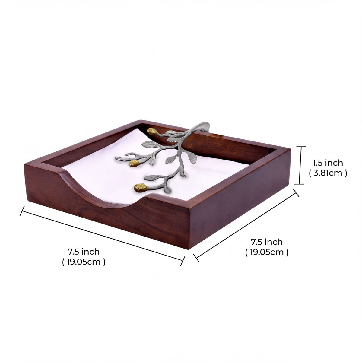 Solid wood napkin holder with silver and gold finish ornament, stylish and functional for tabletop use.