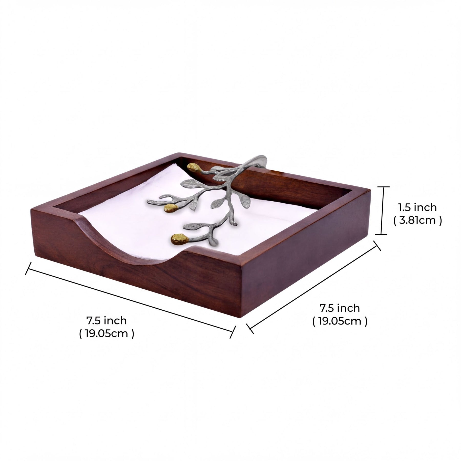 Solid wood napkin holder with silver and gold finish ornament, stylish and functional for tabletop use.