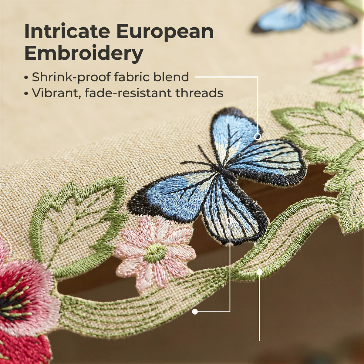 a close-up view of an intricate European embroidery design, showcasing the delicate details of the butterfly and flower motifs.
